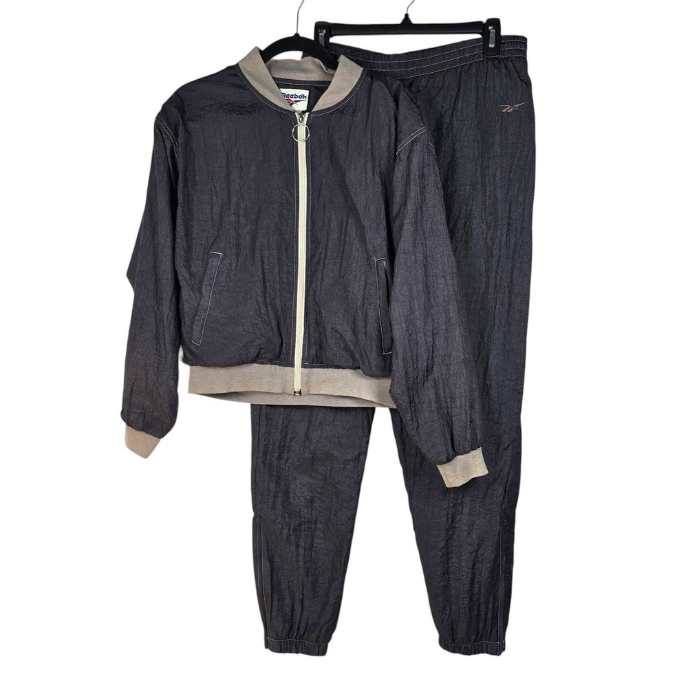 Vintage Reebok Womens Tracksuit Black Nylon‎ Windbreaker Jacket Pants Set Medium
